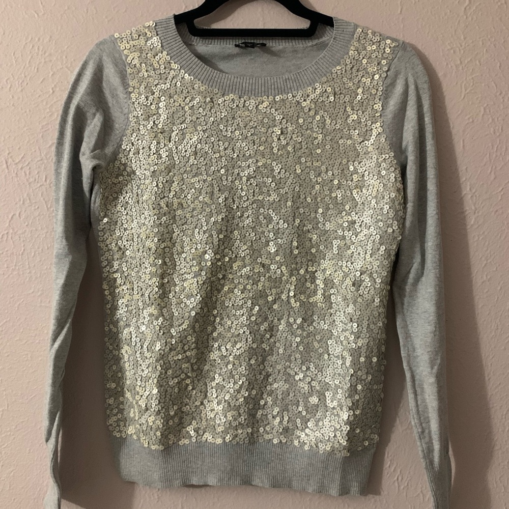 Express | Grey Sequin Front Sweater - Picture 2 of 4
